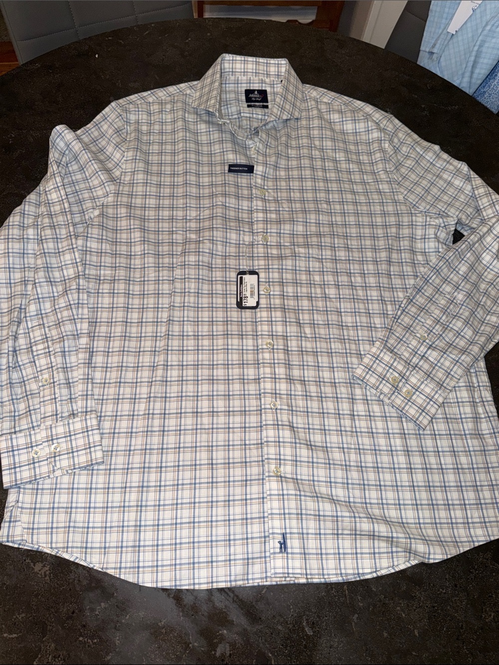Van Heusen White and Blue Plaid Long-Sleeve Dress Shirt